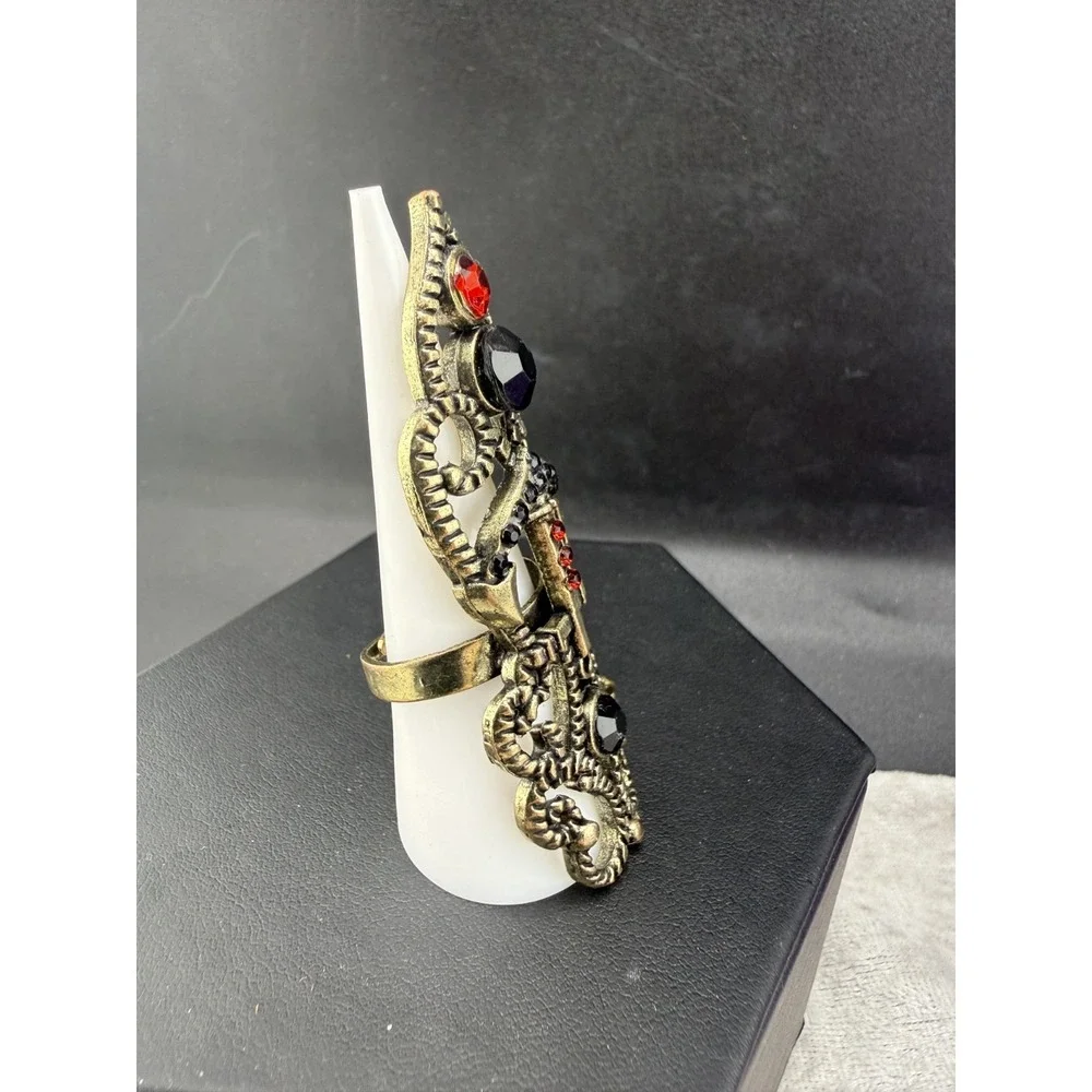 Ring Steampunk Costume Red Black Rhinestone Adjustable Goth Gold Tone 7